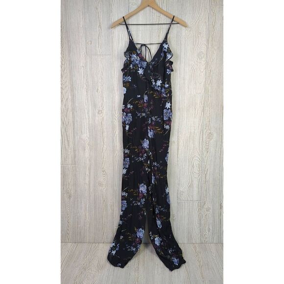 American Eagle Outfitters Women Small Long Faux Wrap Floral Print Jumpsuit Black - Picture 2 of 8